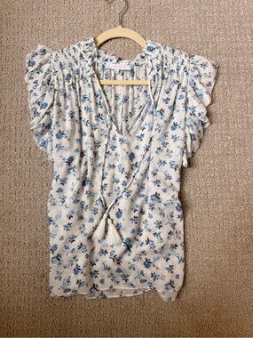 Olivaceous Cream Blouse with Blue Floral Print and Tassel Tie